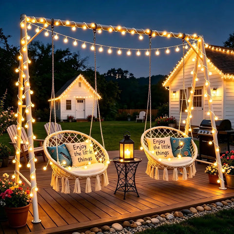 Outdoor patio with Rechargeable Camping String Lights 33Ft 100 LED Globe Bulbs Warm White With Timer creating cozy ambiance