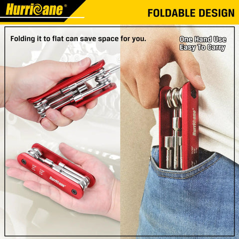 Person holding and pocketing 6 In 1 Folding Hex Nut Driver Set With SAE Sizes 3/16, 1/4, 5/16, 11/32, 3/8, 7/16 Inch Cr-V Steel Shank.
