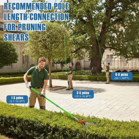 Men using Extendable 30 Ft Manual Pole Saw Workhorse With Pruner Blade And Scissors Set Nine Fiberglass Poles For Tall Branches