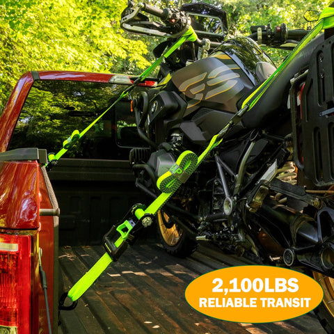 One Inch Ratchet Tie Down Straps 15 Ft 4 Pack With Soft Loops 2100 Pound Break Strength Reflective Thread securing motorcycle