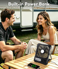 Couple with Portable 6 Inch Folding Fan With 20000mAh Battery Built-In Power Bank LED Light, camping next to RV.
