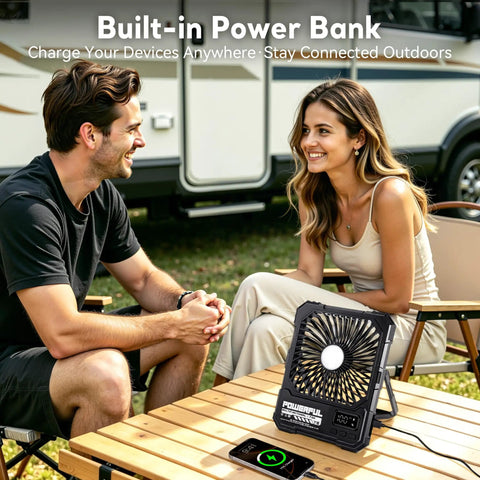 Couple with Portable 6 Inch Folding Fan With 20000mAh Battery Built-In Power Bank LED Light, camping next to RV.
