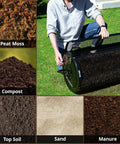 Man using 24 Inch Compost Spreader For Lawns With Installation Support Accessories Metal Mesh Roller Spreader With Peat Moss Sand Manure Compost Topsoil