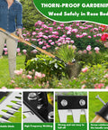 Person using Heavy Duty 8 Tooth Iron Weeding Rake With Handle 2.0 Root Grabbing Weed Puller in a rose garden