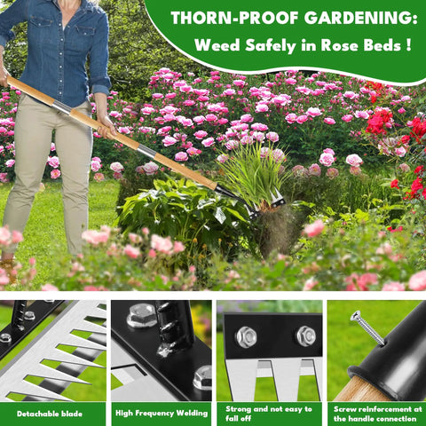 Person using Heavy Duty 8 Tooth Iron Weeding Rake With Handle 2.0 Root Grabbing Weed Puller in a rose garden