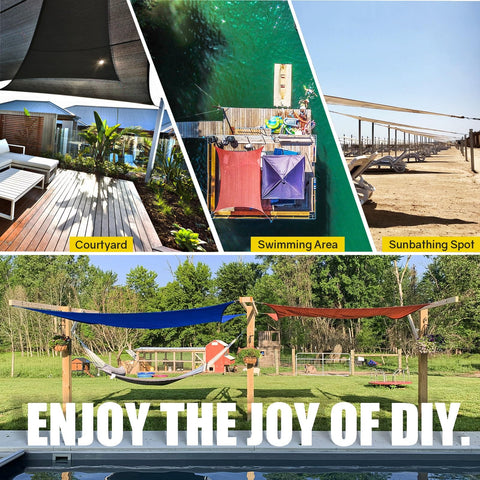 Sun Shade Sail Hardware Kit With 12 Foot Vinyl Coated 304 Stainless Steel Wire Rope For Triangle And Rectangle Shade Sail Installations In Outdoor Patios And Gardens All Weather Heavy Duty Rust Resistant displayed over courtyard, swimming area, and sunbathing spot.