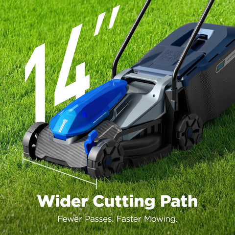 14 Inch Cordless Lawn Mower With 40V 4Ah Battery And Charger Ultra Quiet Motor For Tiny Yards And Urban Lawns Its A Breeze Lightweight Push Mower For Patios Townhomes And Backyard Maintenance Up To 3500 Sq Ft Per Charge, shown on grass