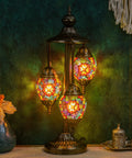 Dope Three Globe Turkish Mosaic Table Lamp With Bronze Base 23 Inch Tall Handmade Colorful Tiffany Style Glass Night Light