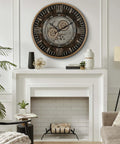 Killer Twenty Four Inch Oversized Wall Clock Featuring Real Moving Gears Heavily Distressed Antique Gold Dial in living room