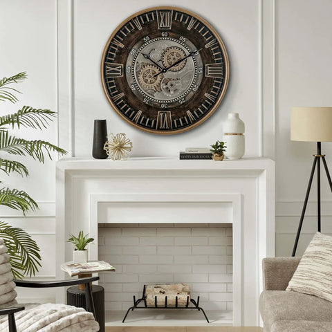 Killer Twenty Four Inch Oversized Wall Clock Featuring Real Moving Gears Heavily Distressed Antique Gold Dial in living room