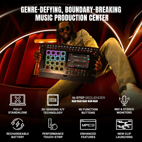 Person holding MPC Live III Standalone Portable Music Production Center with 3D Sensing MPCe Pads and features displayed.