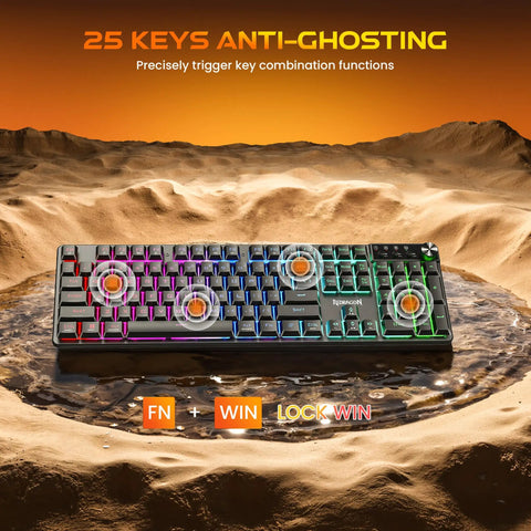 Slick Wireless Gaming Keyboard With Volume Knob And Tri Mode Bluetooth 2 4G Plus Usb C Plug In Setup Features Legit Mechanical Feel Switches Smooth Rgb Lighting A Solid 4000 Mah Battery And Reliable Anti Ghosting For Top Tier Pc Play With Zero Lag displayed on sandy background with RGB lighting.