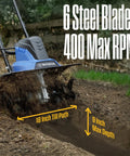 18 Inch Corded Electric Tiller Cultivator With 15 Amp Power for Gardening showing 6 steel blades in action