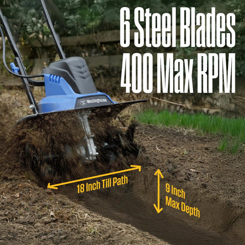 18 Inch Corded Electric Tiller Cultivator With 15 Amp Power for Gardening showing 6 steel blades in action