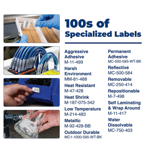 Portable Label Printer DataComm Starter Kit With Handheld Label Maker showing various specialized labels for different applications.