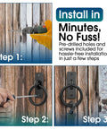 Step-by-step installation of Heavy Duty Solid Steel Horse Tie Ring 2-3/8 Inch Cross Tie Ring For Horses on wood surface.