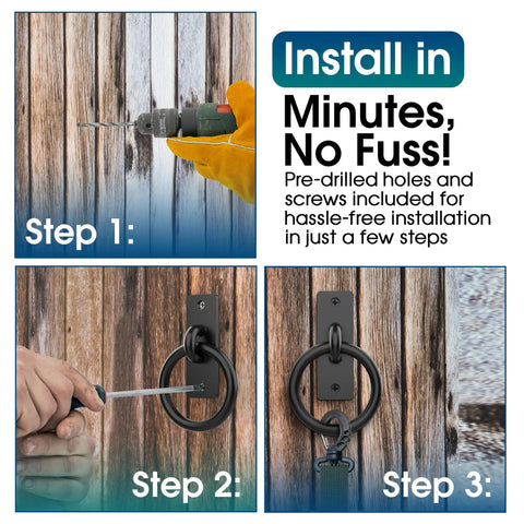 Step-by-step installation of Heavy Duty Solid Steel Horse Tie Ring 2-3/8 Inch Cross Tie Ring For Horses on wood surface.