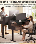 Built Tough 55 Inch Electric Adjustable Standing Desk Featuring Five Roomy Storage Drawers And Raised Monitor Platform Smooth Glide Motor Custom Memory Buttons Boss Home Office Setup with user at desk.