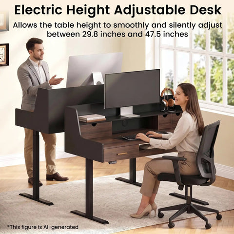 Built Tough 55 Inch Electric Adjustable Standing Desk Featuring Five Roomy Storage Drawers And Raised Monitor Platform Smooth Glide Motor Custom Memory Buttons Boss Home Office Setup with user at desk.