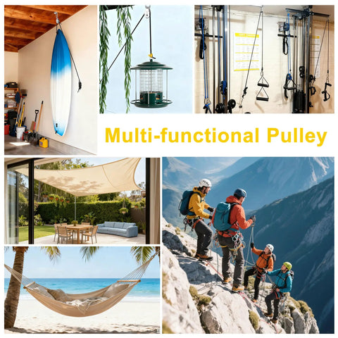 Heavy Duty Cable Pulley System For Lifting With 66 Foot Nylon Rope, 360 Degree Swivel Stainless Steel Blocks, Pro Grade And Maintenance Free, Corrosion Resistant, Ideal For Towing, Suspension, And Rigging Tasks used for hanging surfboard, lantern, gym, shade, hammock, and climbing gear