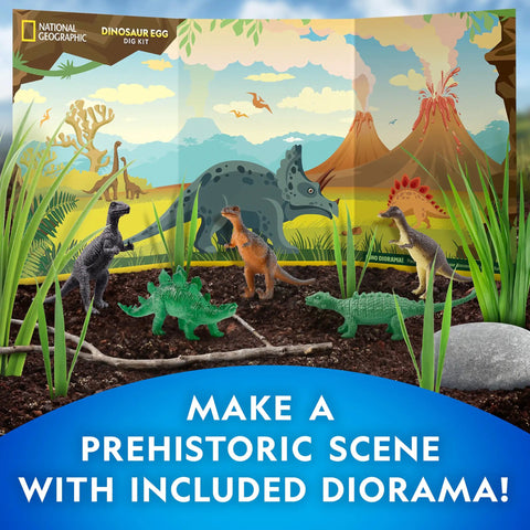 Dino Dig Kit With 12 Dino Shaped Eggs Each Hiding A Figure And An Awesome Full Set Of Digging Tools For Epic Egg Hunts Or Dig Party Fun A STEM Toy For Kids To Uncover Dinosaurs Learn Fossils And Share The Adventure featuring dinosaur figures in diorama scene