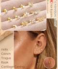 14K Gold Plated Threadless Flat Back Earrings Set For Women And Men, 20G 6mm Gauge, Includes Moon Leaf Flower And Ball Nose Studs And Straight Tapers, Silver And Gold Plating, Wear Solo Or Stackable Everyday Jewelry. Gold threadless flat back studs on ear and display tray
