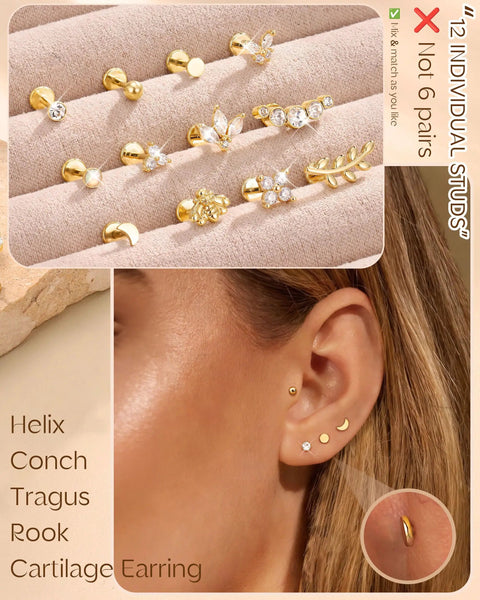 14K Gold Plated Threadless Flat Back Earrings Set For Women And Men, 20G 6mm Gauge, Includes Moon Leaf Flower And Ball Nose Studs And Straight Tapers, Silver And Gold Plating, Wear Solo Or Stackable Everyday Jewelry. Gold threadless flat back studs on ear and display tray