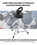 Complete Electric Drum Kit Accessory Bundle With Collapsible Drum Throne And On Ear Headphones displayed on drum set