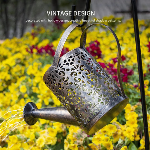 Copper Solar Watering Can Garden Light With Waterfall Effect And 60 LEDs against colorful flowers