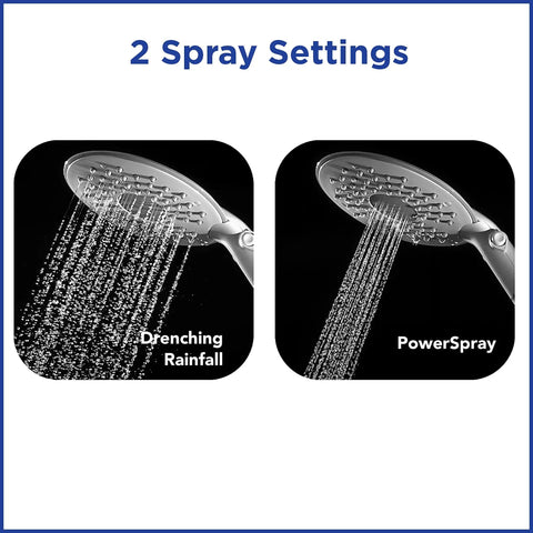 Flexible Arm Rainfall Shower Head With 12 Inch Flex Neck And 7.5 Inch Large Face, 2 spray settings displayed.