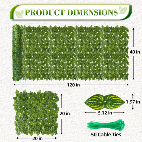 Product dimensions of Artificial Ivy Privacy Fence Screen Set 120 By 40 Inches With 12 Pack 20 By 20 Inch Panels Vented Base Grid