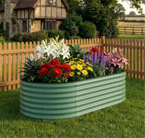 Yard Ready 8x4x1.5ft Galvanized Raised Garden Bed With 18 Inch Deep Root Zone Anti Cut Safety Edges Rust Resistant Oval Planter Box 359 Gallons For Outdoor Vegetables Flowers And Herbs shown in a backyard with flowers.