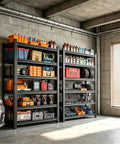 Super Heavy Duty Six Tier Metal Storage Shelves With Height Adjustment Rock Solid Double Layer Upright Design organized with tools, boxes, and supplies.