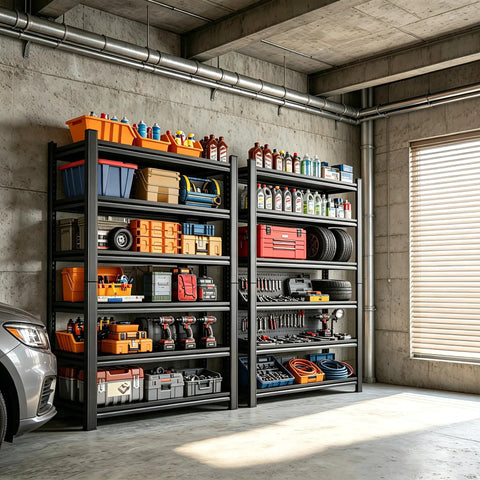 Super Heavy Duty Six Tier Metal Storage Shelves With Height Adjustment Rock Solid Double Layer Upright Design organized with tools, boxes, and supplies.