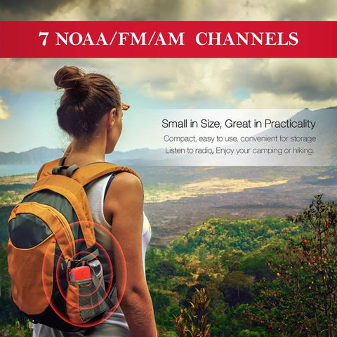 Person hiking with Emergency Hand Crank Radio With LED Flashlight AM FM NOAA Weather Radio 2000mAh Power Bank in backpack pocket