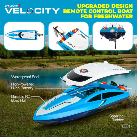 Detailed view of Velocity Blue RC Boat For Pools And Lakes, Super Fast Remote Control Boat For Adults And Kids with opened hull.