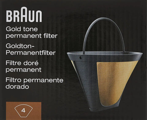 Gold Tone Permanent Coffee Filter Reusable Size Four Cone Shaped Fits Series 7 And Series 9 Coffee Makers Keeps Essential Oils In The Brew For Richer Flavor No Paper Waste Replacement BRSC002 packaging