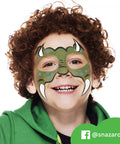 Top Shelf Fantasy Face Paint Palette Kit Featuring Skin Safe Cosmetics Grade Pigments With Smooth Metallic Sparkle Shades Includes Quick Dry Brush And Carry Case Killer For Halloween Festivals And Birthday Bash Body Art used for a smiling child with green monster face paint.