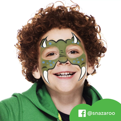 Top Shelf Fantasy Face Paint Palette Kit Featuring Skin Safe Cosmetics Grade Pigments With Smooth Metallic Sparkle Shades Includes Quick Dry Brush And Carry Case Killer For Halloween Festivals And Birthday Bash Body Art used for a smiling child with green monster face paint.