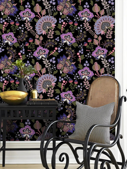 Boho Floral Peel And Stick Removable Wallpaper For Bedroom And Bathroom Renter Friendly Cabinet Decor Contact Paper 17.7 In By 118 In Easy Install Durable Thickened Design on a wall behind a black table and chair
