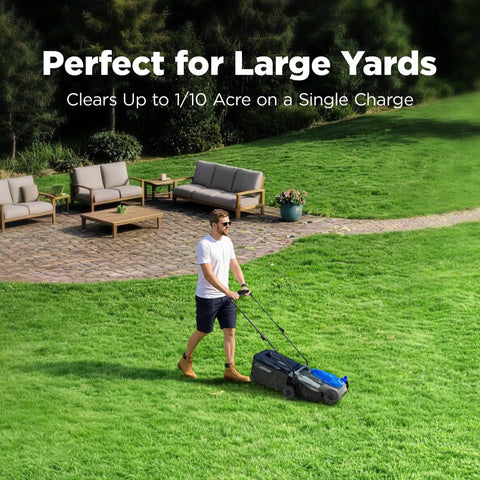 14 Inch Cordless Lawn Mower With 40V 4Ah Battery And Charger Ultra Quiet Motor For Tiny Yards And Urban Lawns Its A Breeze Lightweight Push Mower For Patios Townhomes And Backyard Maintenance Up To 3500 Sq Ft Per Charge mowing large green lawn near patio
