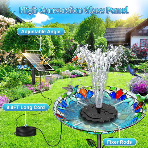 3.5W Solar Fountain Pump Kit With All Glass Panel Stake And 4 Anti Drift Rods in colorful bird bath with garden background