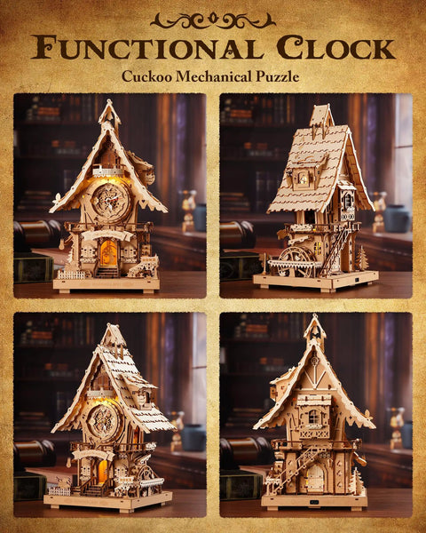 3D Wooden Cuckoo Clock Puzzle Kit For Adults And Teens 435 Piece Model shown front and side views, wooden clock mechanism