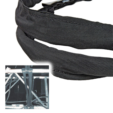 Close-up of Tough 6-Foot SpanSet Truss Rigging Sling with SteelTex Round Design, black double-wall polyester jacket, in use.