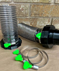 Front view of 2.5-inch Port MagDuct starter kit: flexible duct, black connector, 10 pieces with green magnet handles.