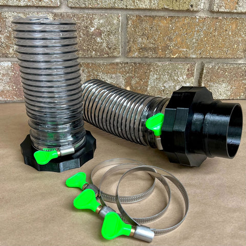 Front view of 2.5-inch Port MagDuct starter kit: flexible duct, black connector, 10 pieces with green magnet handles.