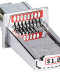 V8 Slide 1.25 Inch Coin Chute Replacement Part 2000000125 For GREZM Coin Op Machines, metallic finish, coin slots visible