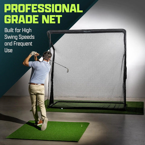 Golfer practicing with Elite Golf Practice Net With Steel Frame, Heavy Duty 7.5ft Square Netting shown indoors with text overlay.