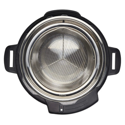 Round Stainless Steel Mesh Steamer Basket For Pressure Cookers, Easy Lift Handle, Rust Resistant, top view inside cooker