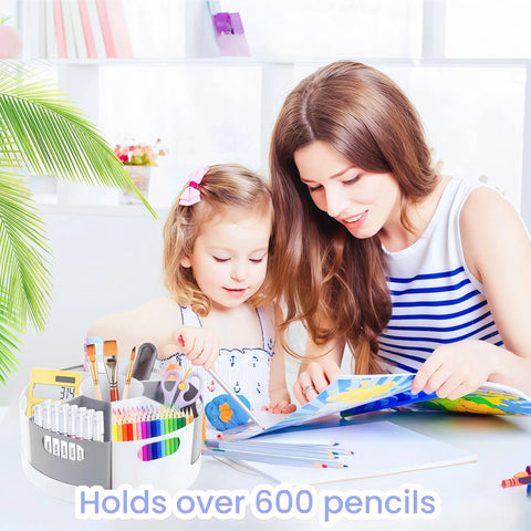 Slick Spin Art Supply Caddy For Kids With Seven Spacious Bins Holds Crayons Markers And Pencils Lazy Susan Base, used by mother and daughter.